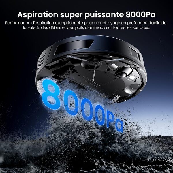 Proscenic Q8 Max Aspirateur Robot,8000Pa 200Mins Robot Aspirateur Laveur avec Serpillière et Vidage Automatique Station,Navigation Lidar,Multi-étage Cartographie,pour Poils Animaux Tapis Sols Durs [Classe énergétique A+++]