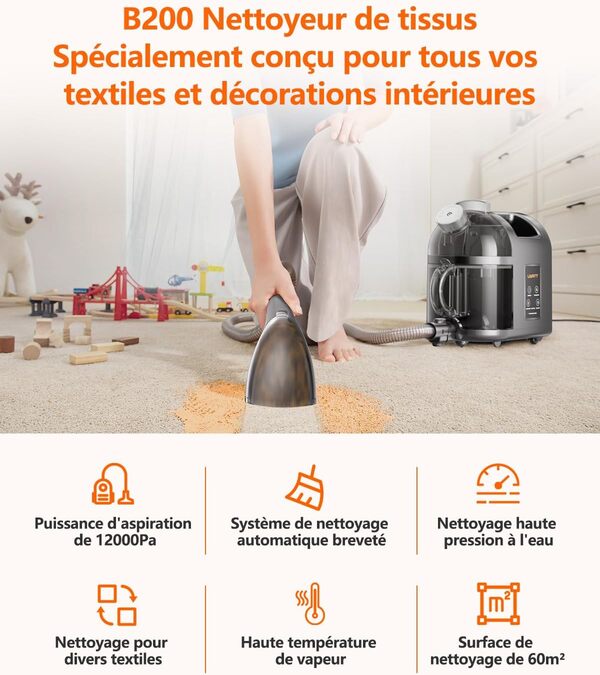 Uwant B200 Appareil de nettoyage pour coussins, 1900 W, avec fonction de nettoyage vapeur, convient pour les tapis, canapés, rideaux et vêtements, volume : 74 dB, puissance d'aspiration : 12 000 Pa