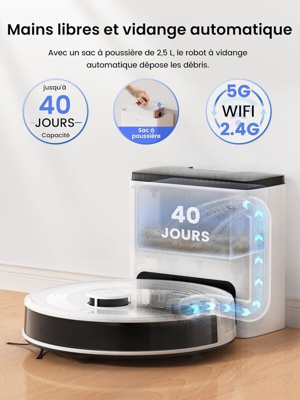 Lefant M2 Plus Robot Aspirateur Laveur 6000Pa avec Station Vidage Automatique Poussière,Navigation Laser avec Cartographie,Évitement d'obstacles PSD,140min,Idéal pour Poils d'animaux
