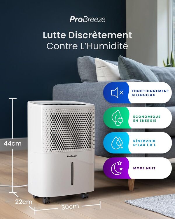 Pro Breeze Déshumidificateur d'Air Silencieux 12L/Jour - Absorbeur d'Humidité - 40 dB, Réservoir 1,8L, Drainage Continu, Minuterie 24h, 3 Modes- Idéal Contre l'Humidité & Moisissure