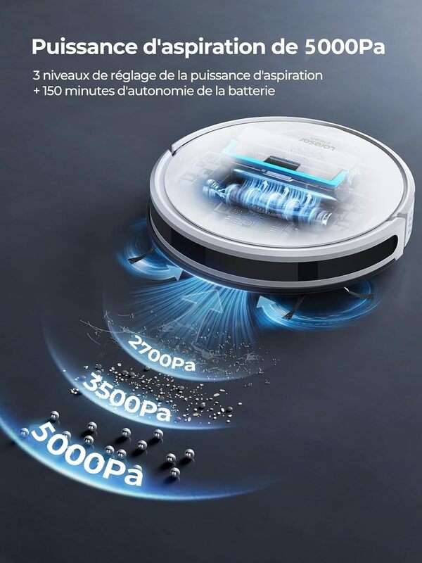 Laresar Clean Aspirateur Robot, 5000Pa avec Boost Auto pour Tapis, Robot Aspirateur Laveur 3 en 1, Aspirateur Robot Laveur Ultra Mince&Silencieux Poils d'animaux, Robot Aspirateur Contrôle Intelligent
