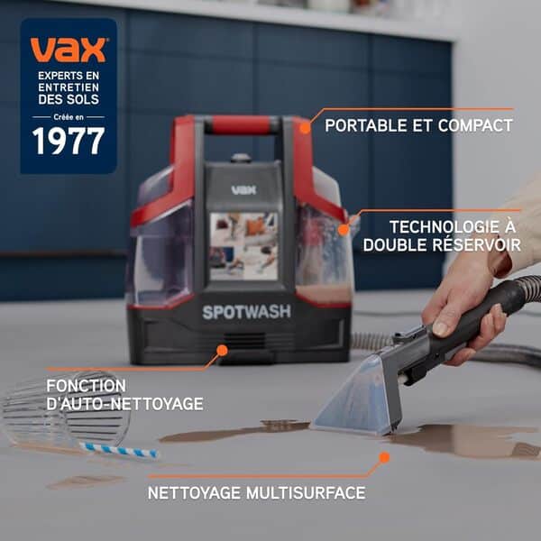 Vax SpotWash Spot Nettoyeur, détachant pour shampouineuse tapis et tissus d'ameublement, séchage rapide et nettoyage en profondeur quotidien pour les escaliers, canapés, voitures et sols durs