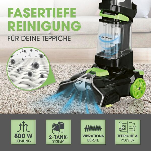CLEANmaxx Nettoyeur de tapis AquaStream Plus | 3 en 1: laver, nettoyer & aspirer | Aspirateur laveur avec brosses vibrantes et latérales | Avec suceur pour coussins, shampoing et brosse de rechange