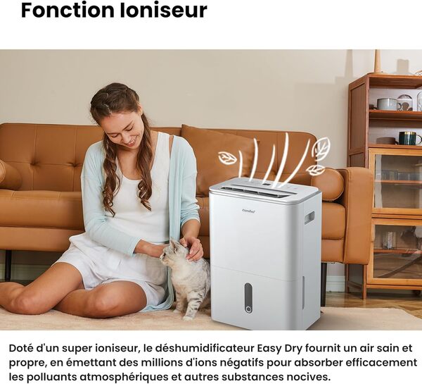 COMFEE' Déshumidificateur 2-EN-1,Elimine l'humidité jusqu'à 20L/Jour, Purification d'air avec ioniseur, 4 Modes, Fonction Air Swing, Contrôle APP, Idéal pour pièces de 37-52㎡, Easy Dry 20