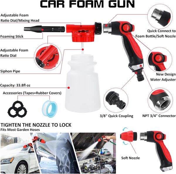 AUTODECO Kit de Nettoyage de Voiture 33 pièces avec Pistolet à Mousse, Sac en Toile Bleu, Gant de Lavage, éponge, Brosse à pneus, grattoir à fenêtre, plumeau pour intérieur et extérieur de Voiture
