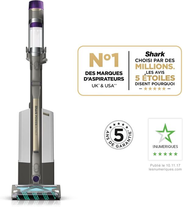 Shark aspirateur sans Fil PowerDetect Clean & Empty, DuoClean Detect, Reverse Clean, Base Auto-vidante 2 l, Anti-Hair Wrap Plus, autonomie 70 Min, léger, Access. Animaux/multisurface, Gris IP3251EUT