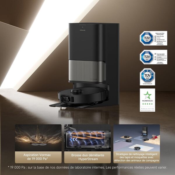 DREAME L40s Pro Ultra Robot Aspirateur, 19 000 Pa, Brosse Double HyperStream, Franchit 4 cm, Brosse latérale extensible et relevable, Nettoyage à la serpillière à l'eau chaude à 75°C,Auto-nettoyant3.0