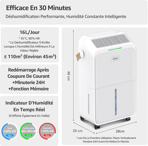 Deshumidificateur d Air, 16L/J, Déshumidificateur Electrique, 110m³ (45㎡), Silencieux, 4 Modes, Consommation Réduite de 30%, Protection Anti-Débordement, Pour Appartement, Cave, Salon