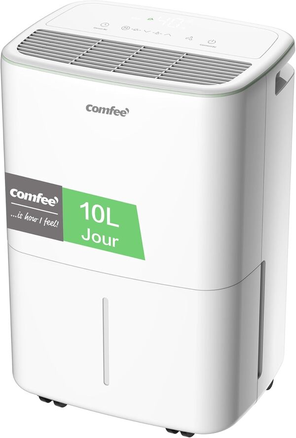 COMFEE' Déshumidificateur Compact, Absorbe jusqu'à 10L/jour, Mode silencieux, Verrouillage enfant, Minuterie 24H, Réservoir 2,5L, Pour pièce de 16-31㎡, Aqua Dry 10