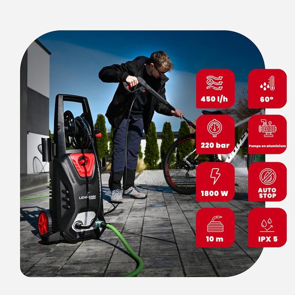 Lehmann Nettoyeur Haute Pression avec Pompe en Aluminium 220 Bars | Débit de 450 l/h | Puissance de 1800 W | Tuyau Haute Pression de 5 mètres | Compact avec réservoir à détergent