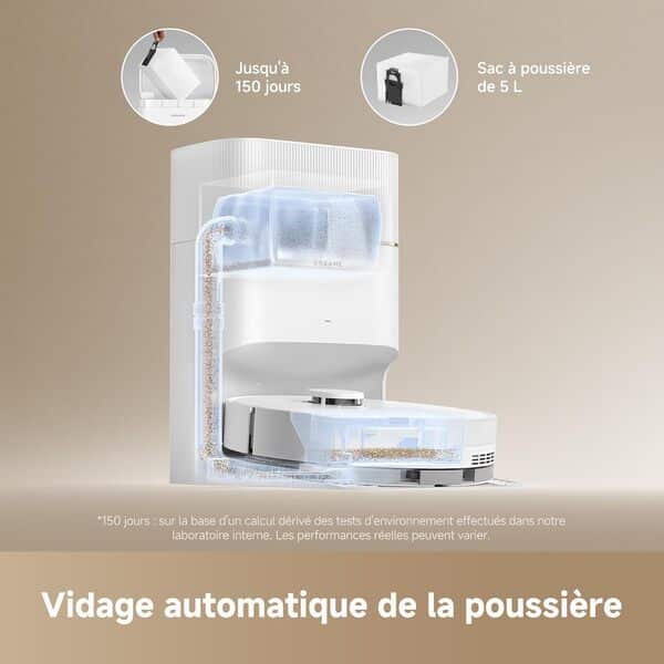 dreame D20 Pro Plus Robot Aspirateur 2-en-1, 13 000 Pa, Double Brosse, Auto-Vidage, Laser Navigation, Capteur Distance, Poils d’Animaux, Coins, Sols Durs & Tapis, Batterie 5200 mAh