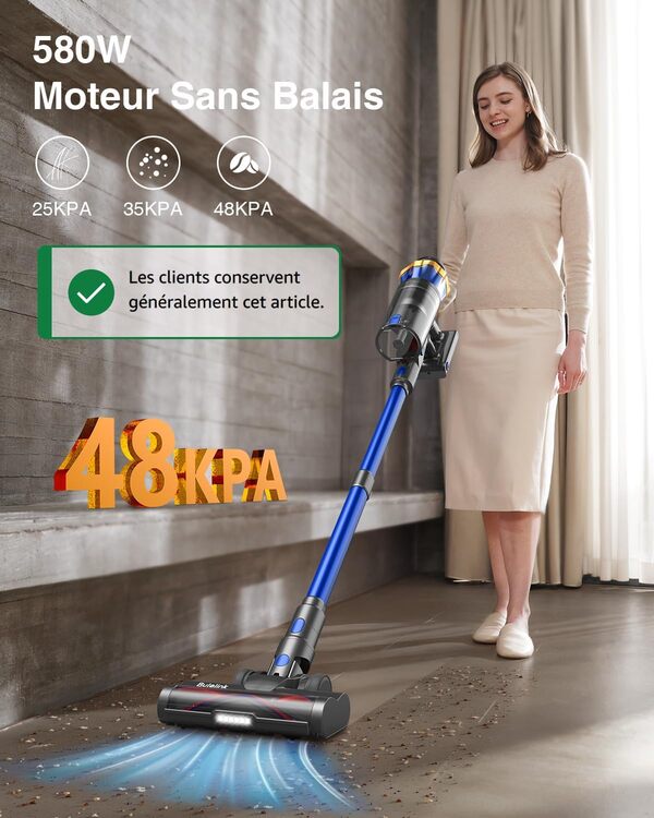 580W/48KPA Aspirateur Balai sans Fil 65min, 1.6 L Aspirateur sans Fil Puissant avec Rechargeable Support Mural, Brosse Anti-Enmêlement Améliorée et OLED Écran Tactile, pour Sols Durs/Animaux/Voiture