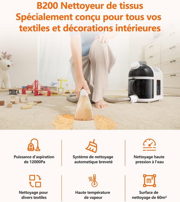 Uwant B200 Appareil de nettoyage pour coussins, 1900 W, avec fonction de nettoyage vapeur, convient pour les tapis, canapés, rideaux et vêtements, volume : 74 dB, puissance d'aspiration : 12 000 Pa
