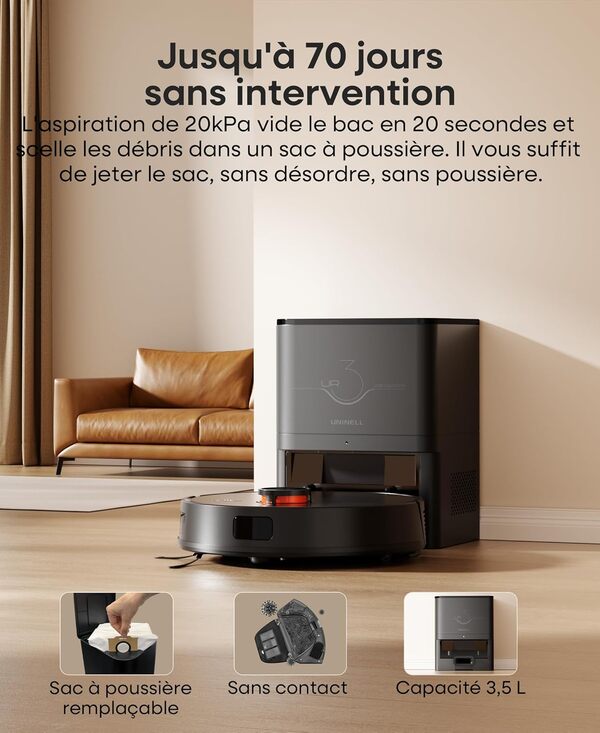 Aspirateur Robot Laveur avec 5000Pa, Robot Silencieux avec 3.5L Vidage Automatique Station, 180Min, Navigation LiDAR & Cartographie, APP/Remote/Voice Contrôle pour Tapis Poils d'animaux