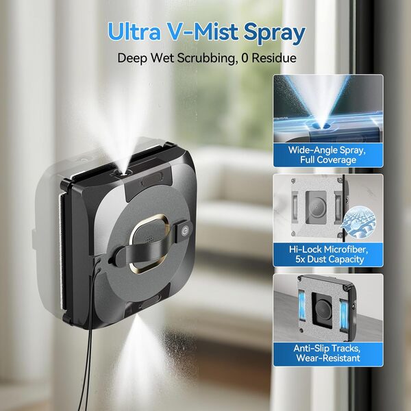 Robot nettoyeur de vitres Dual Spray - Avec double réservoir de 110 ml - Aspirateur intelligent pour intérieur et extérieur - Pour fenêtre de grande hauteur - Nouveau mode de nettoyage humide (noir)