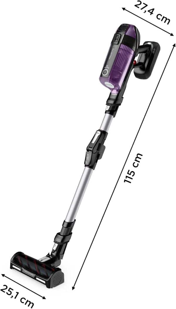 Rowenta X-Force Flex 12.60 Allergie Aspirateur Balai sans Fil, Filtration Anti-Allergènes, Puissant 150AW, Autonomie 45min, Station d'accueil RH98A0WO, Violet et Aluminium