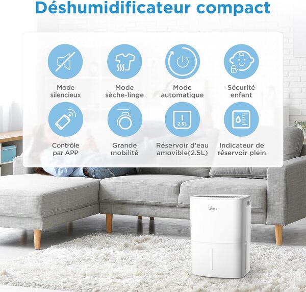 MIDEA Deshumidificateur d air Anti Moisissure 12L - Compresseur Intelligent et APP - Adsorbeur d'humidité electrique - Séchage du Linge, Capteur d'humidité Auto et anti-condensation - Idéal pour 35m²