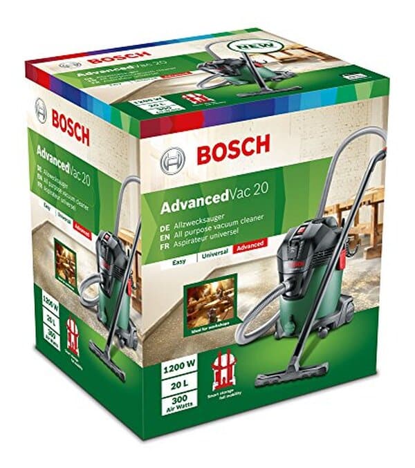 Découvrez les performances de l'aspirateur Bosch AdvancedVac 20 : moteur 1200 W et capacité 20 L pour un nettoyage efficace et facile